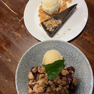 chocolate torte with coconut rum ice cream and blackberry crumble with brown sugar bourbon ice cream