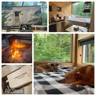 Outside/inside of Paula house (#35), campfire/grill, phone lockbox, pups