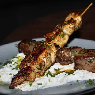 The Skewers were made with grilled petite filet, chicken, Sicilian garlic yogurt and olive oil.