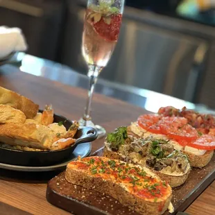 Shrimp Scampi, Bruschetta Board and glass of Rose