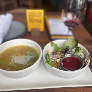 Chicken noodle soup and raspberry chicken salad with pecans