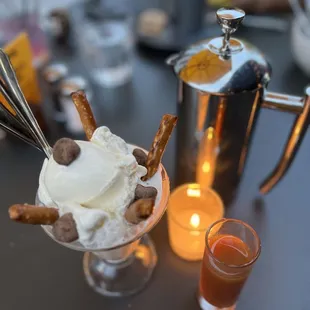 Salted caramel sundae and a French press coffee