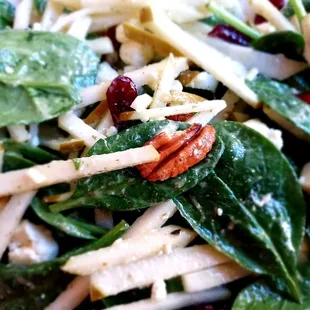 Scrumptious Spinach Salad with green apple slices, feta, pecans &amp; cranberries.