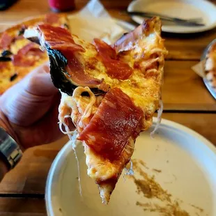 a hand holding a slice of pizza