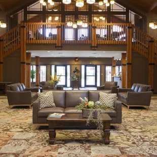 Inside the Lobby in the Main Lodge. Check in at the Front Desk, grab a muffin at Willow Cafe, or relax here in between meetings!