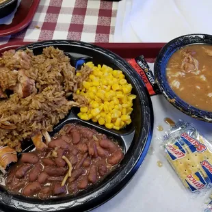Meal deal: Jambalaya, gumbo, and two sides. Ten bucks.
