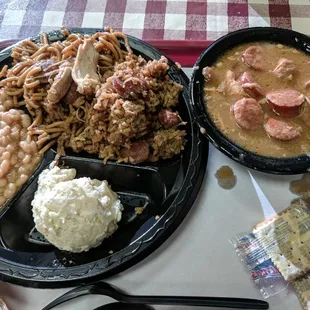 Dinner Meal: Jambalaya / Pastalaya (Split), white beans, potato salad, gumbo over jambalaya rice.