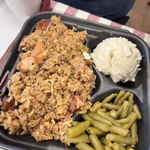 Jambalaya, potato salad and green beans