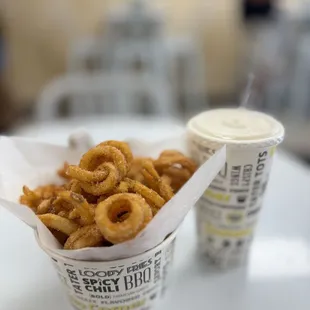 onion rings and a cup of coffee