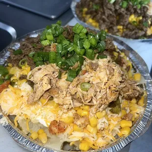 Chicken and beef loaded potato