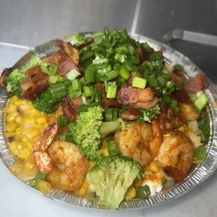 Shrimp bacon and broccoli baked potato