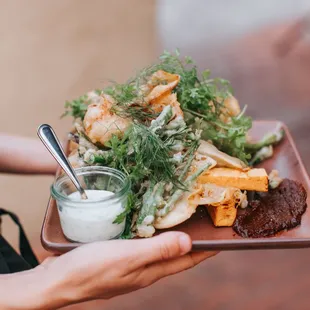 sesame fritto misto | panisse frites, cauliflower, lemon, baby eggplant, fennel, pole beans, smoky chili paste | photo by Margaret Austin