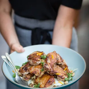 roasted chicken | fried white beans, mint verde, shaved celery root, calendula | photo by Olivia Smartt