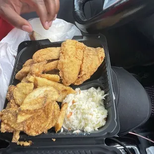 Whiting, shrimp with coleslaw and a few potatoes wedges