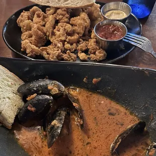 Mussels and calamari.