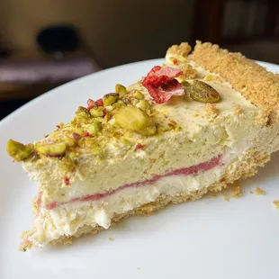 Slice of pistachio strawberry icebox pie