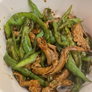 Stir fried noodles with String beans and pork