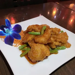 Crispy Fish- Fried breaded Flunder filet, with General Tso&apos;s Sauce. Crispy, tender and tasty.