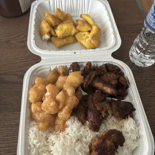 Crab Rangoons, Bourbon Chicken, Specialty Shrimp, White Rice