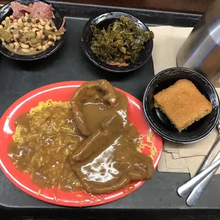 Smothered Pork Chops w/ Collard Greens, Black Eye Peas &amp; Corn Bread :)
