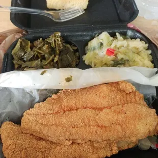 Fried Catfish dinner: The fish was way too salty, but the greens and cabbage were good. If I went back I would try something else.