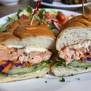 Salmon sandwich w/garden salad and the best dressing (honey Dijon).