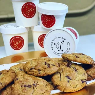 a plate of cookies and cups of coffee
