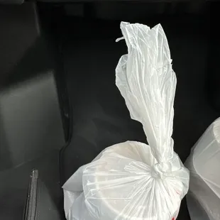 two bags of food in the back of a car