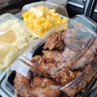 Bourbon Chicken is a 10/10 with 2 classics. mac n cheese and mashed potatoes with gravy