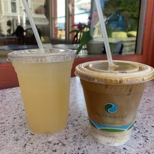 Honey lavender lemonade and iced rose latte with hemp milk