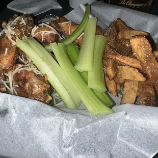 Garlic Parm wings with fries and celery
