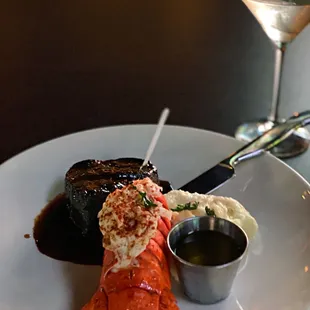 Steak &amp; Lobster Wednesday Special.  8 oz. filet mignon  6 oz. lobster tail Mashed potatoes