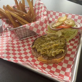 Hatch Green Chile Cheese Burger and Fries