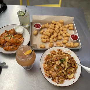Tots, pork belly &amp; fried rice, sangria, wings