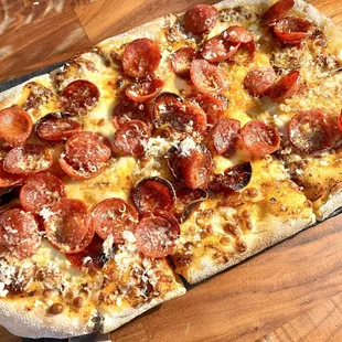 Hot Pepperoni Flatbread. The spicy kick from jalapeños, coupled with the sweet honey sauce and savory (crispy) pepperonis.
