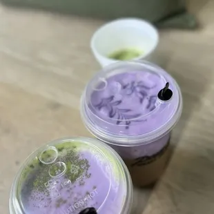 Matcha Horchata with Ube Cream, Viet Coffee with Ube Cream