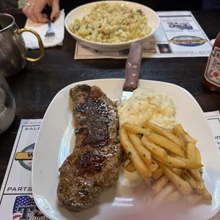 New York steak, jalepeno mashed potatoes. Parm fries and cilantro pesto pasta.