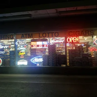 a storefront at night