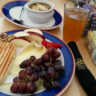 Melted brie and fruit, french onion soup,  shock top