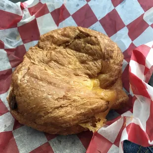 Croissant with egg and cheese. Pretty good and quick.