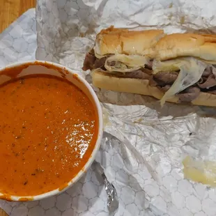 French onion sandwich and a tomato Basque soup