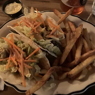 Ahi Tuna tacos with fries instead of chips