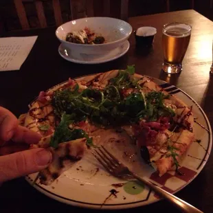 Prosciutto and fig pizza with bacon/parmesan brussel sprouts. Beer: Yards' imperial IPA left, tart wheat belgian ale on right.