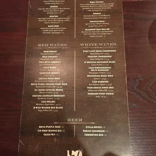 Cocktails and wine menu