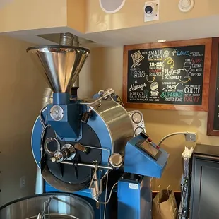 a blue coffee grinder