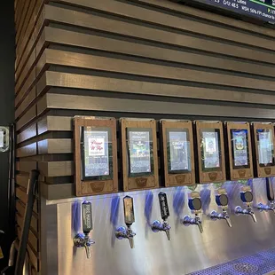 a row of beer taps