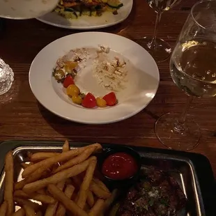 a plate of french fries and steak
