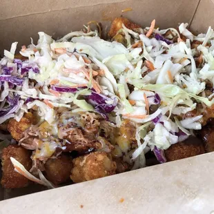 BBQ Pork Belly Poutine on Tots