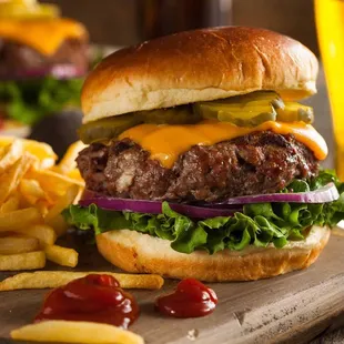 a cheeseburger and fries