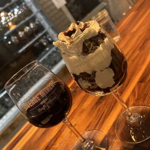 a dessert and a glass of wine